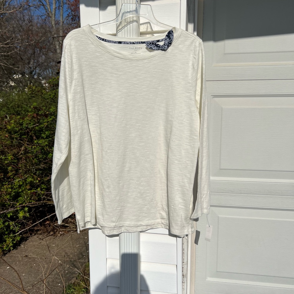 NWT Talbots Fun Cream Navy Ballet Neck Bandana Patterned Tie Long Sleeve Top